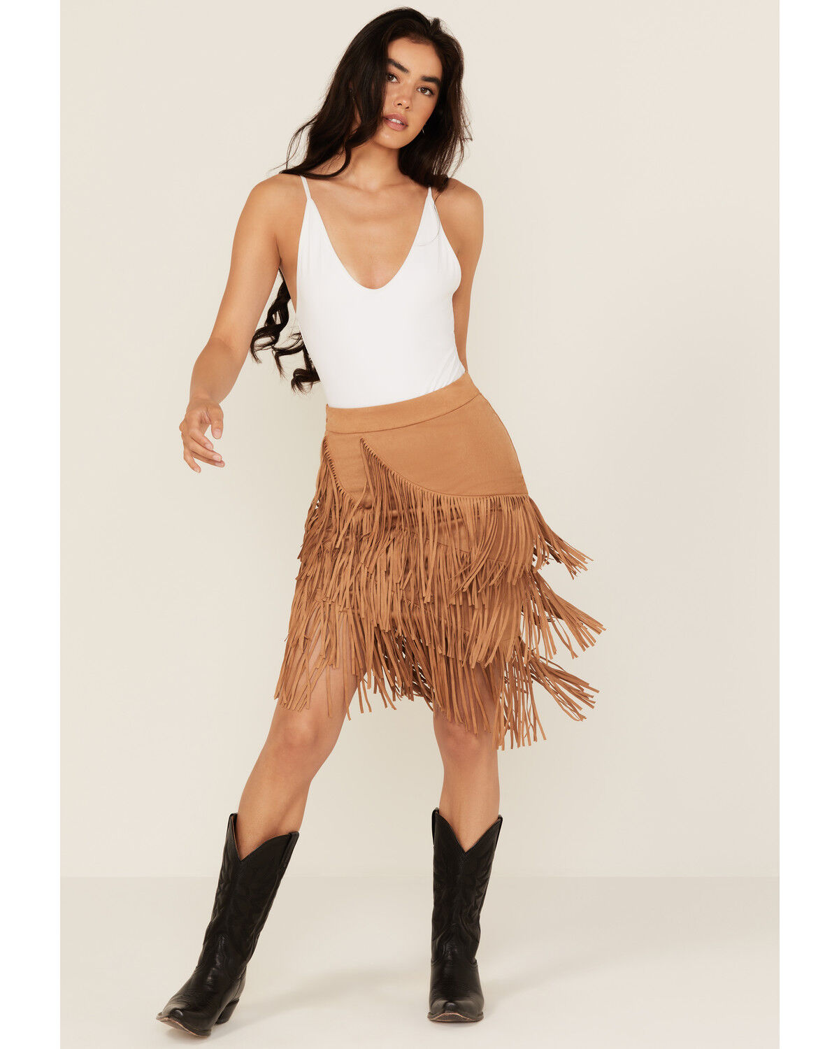 Image #1 - Idyllwind Women's Tina Faux Suede Fringe Mini Skirt, Tan, hi-res