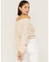 Shyanne Women's Floral Embroidered Off Shoulder Taupe Long Sleeve Crop Top, Taupe, hi-res