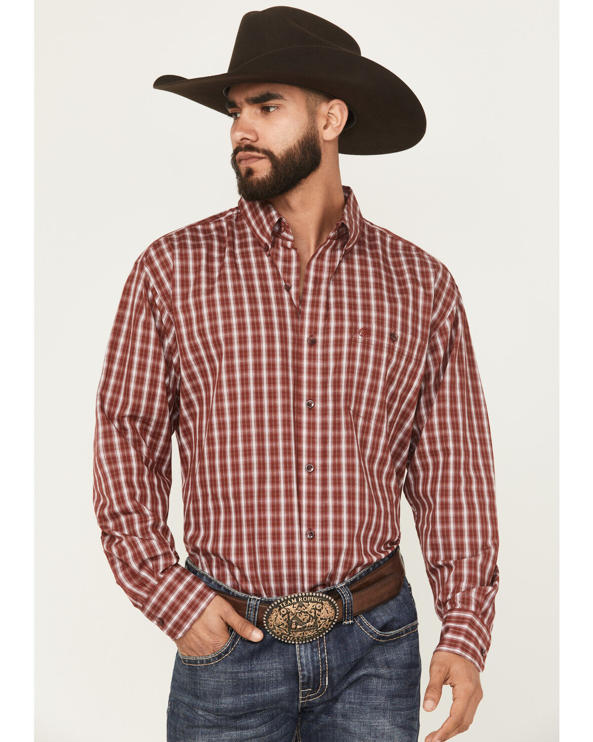Image #1 - Wrangler Men's Plaid Print Long Sleeve Button-Down Stretch Western Shirt, Burgundy, hi-res