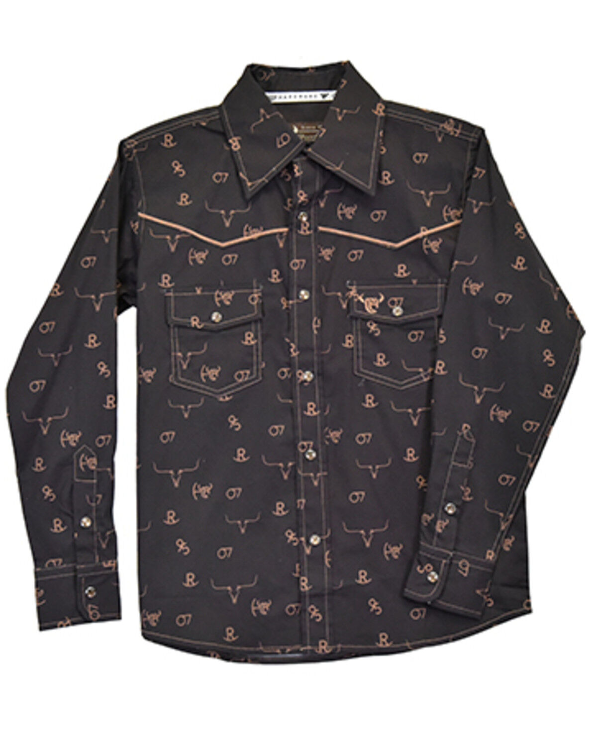 Image #1 - Cowboy Hardware Boys' Branding Iron Long Sleeve Snap Stretch Western Shirt, Brown, hi-res