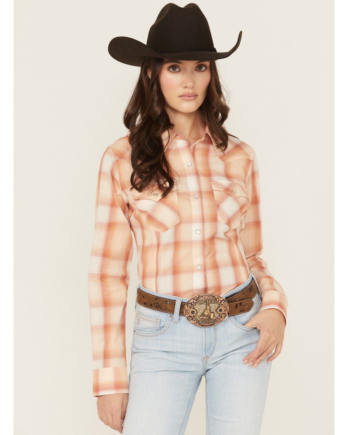 Wrangler Retro Women's Boot Barn Exclusive PCH Plaid Print Long Sleeve Pearl Snap Western Shirt, Peach, hi-res