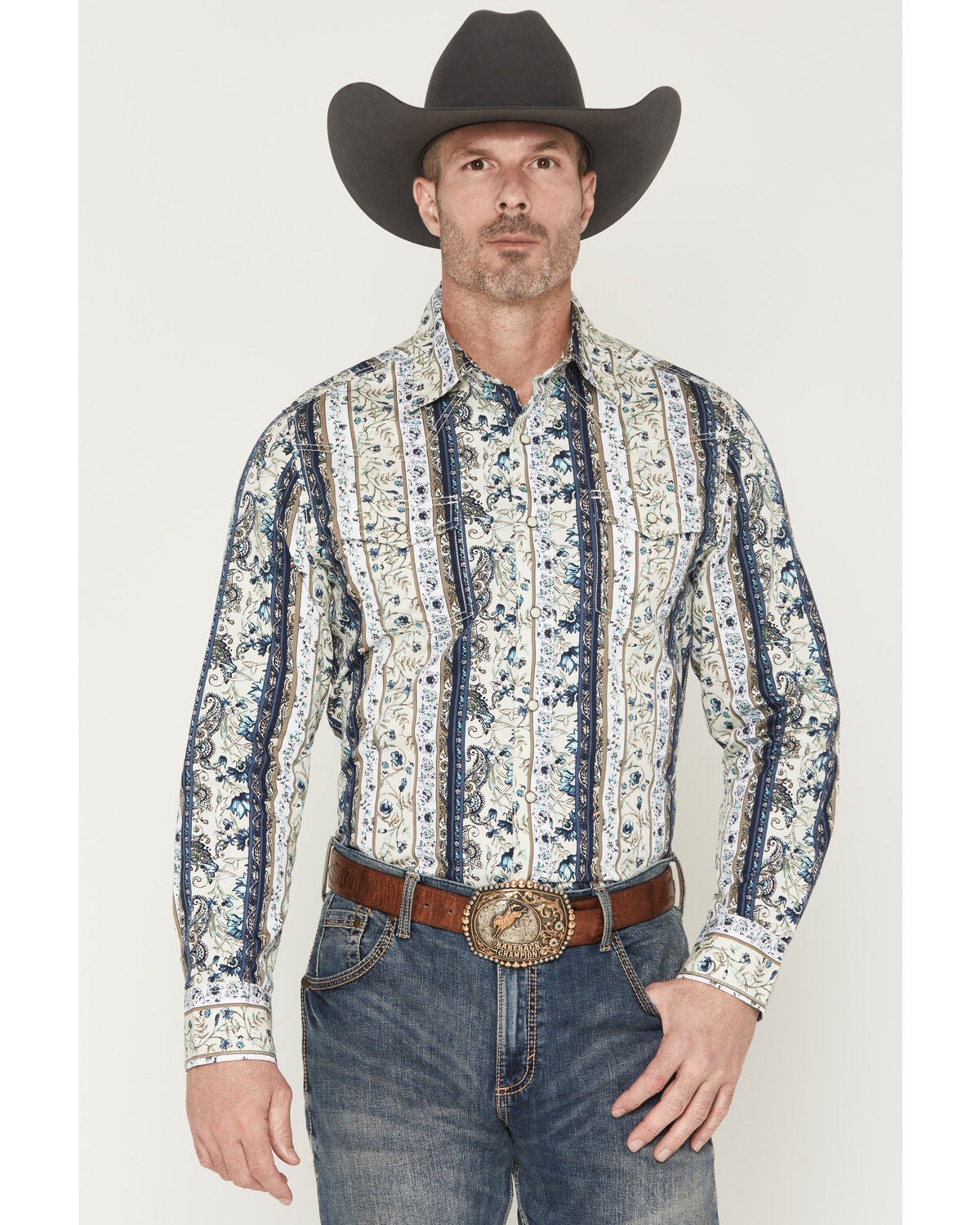 Wrangler Retro Men's Premium Paisley Striped Long Sleeve Snap Western Shirt, Cream, hi-res