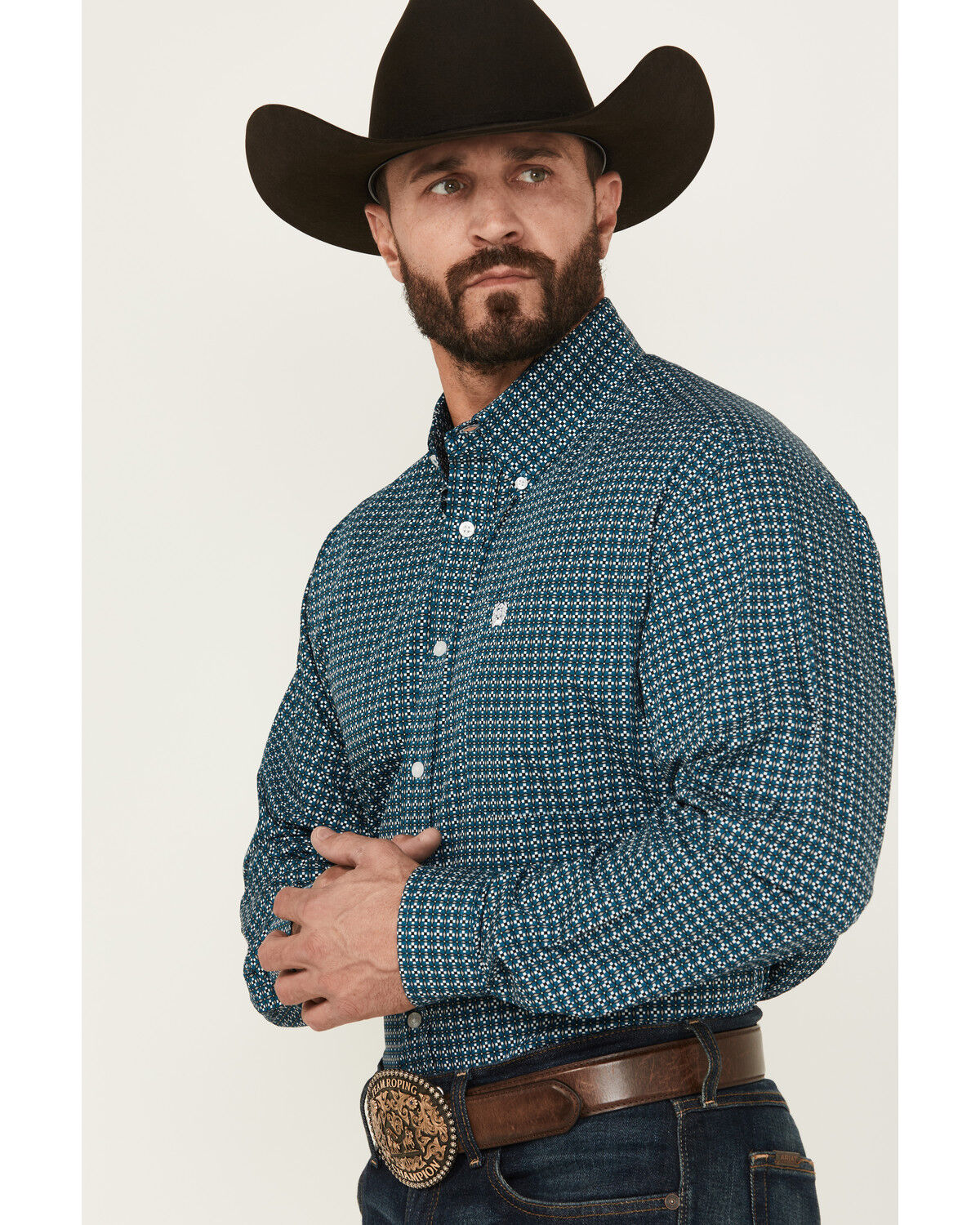 Image #2 - Cinch Men's Geo Print Long Sleeve Button-Down Western Shirt, Teal, hi-res