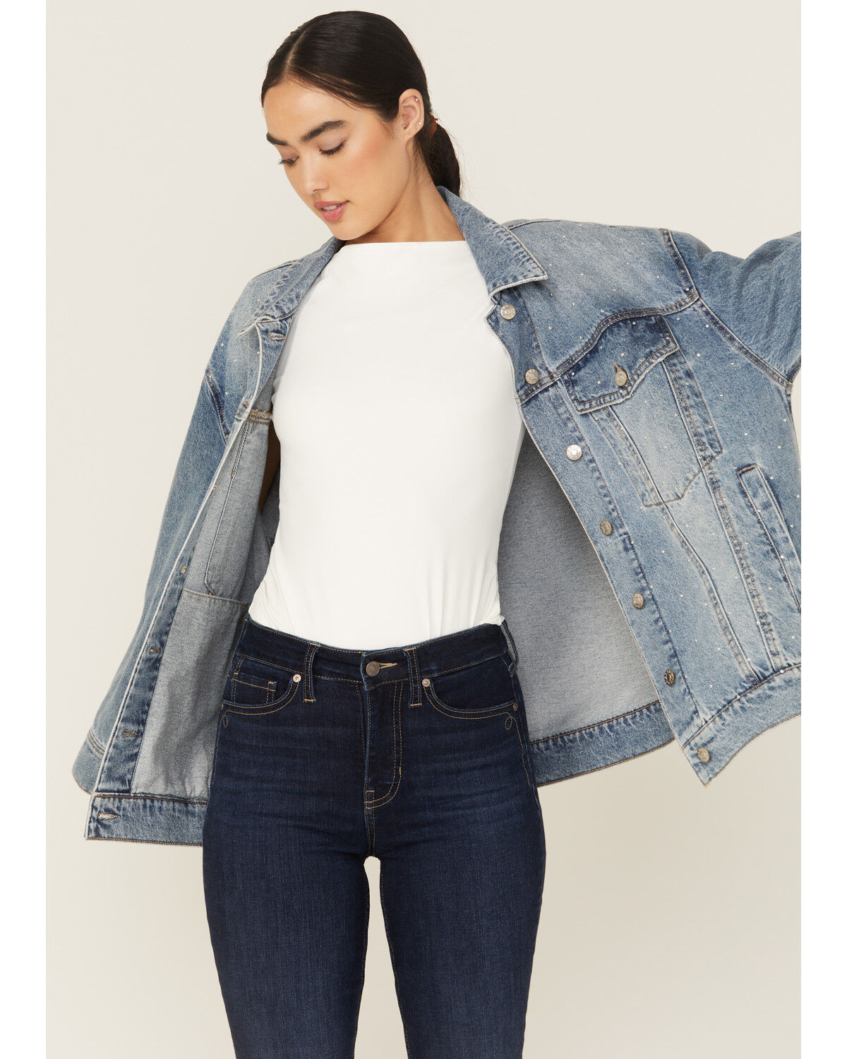 Daze Women's Beau Medium Wash Oversized Studded Denim Jacket, Medium Wash, hi-res