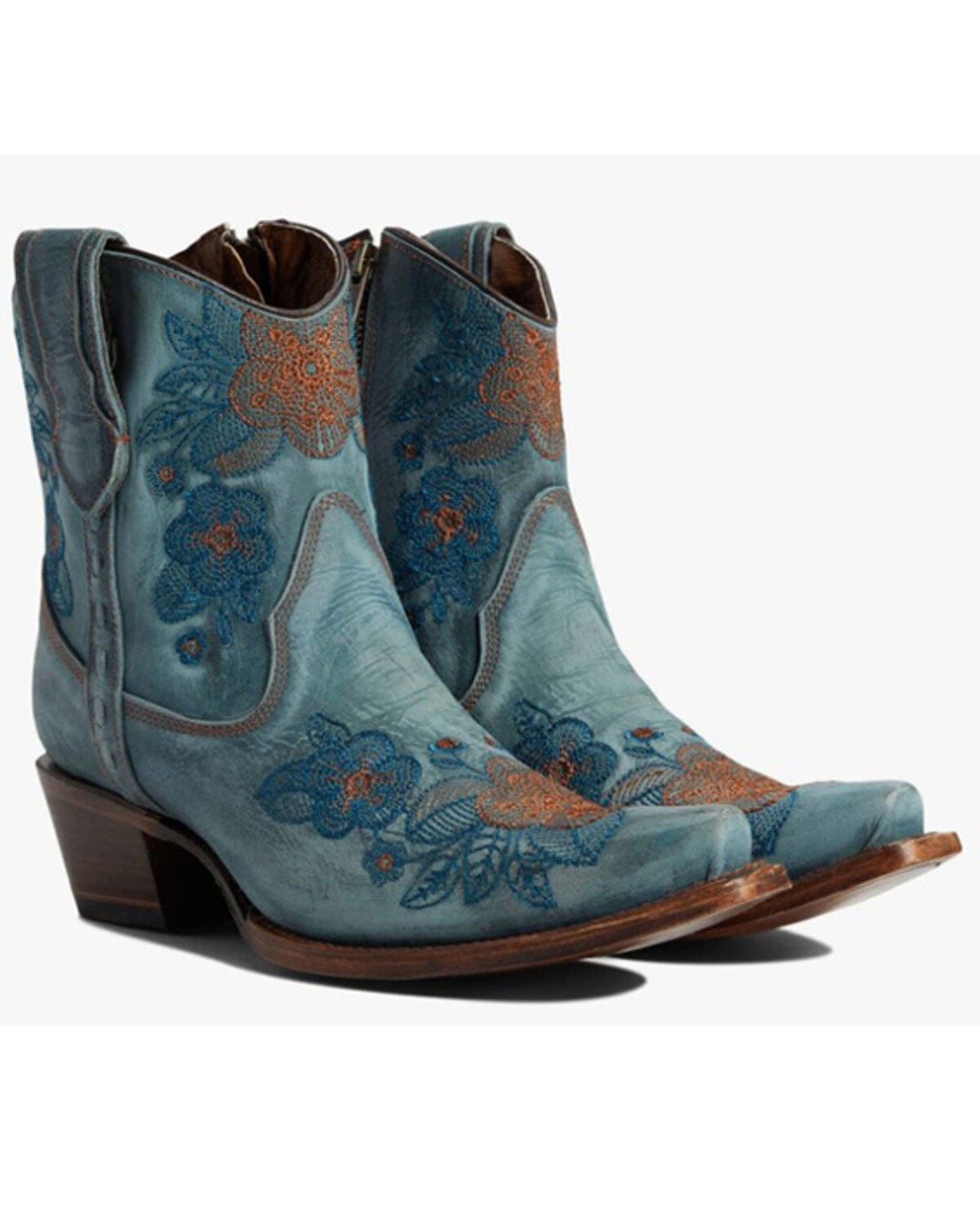 Corral Women's Flower Embroidered Ankle Western Booties - Snip Toe, Blue, hi-res