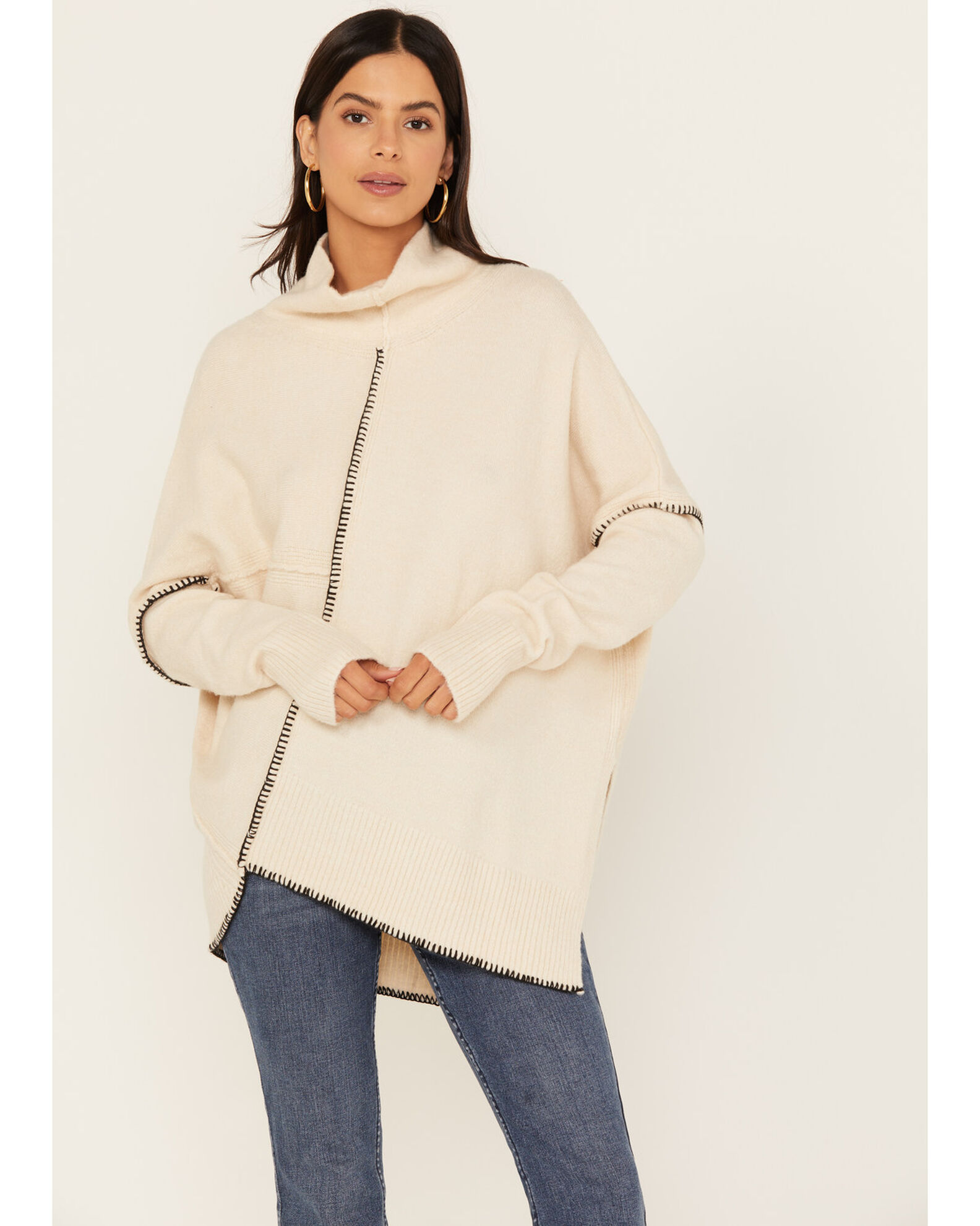 Revel Women s Asymmetrical Contrast Stitch Turtleneck Sweater