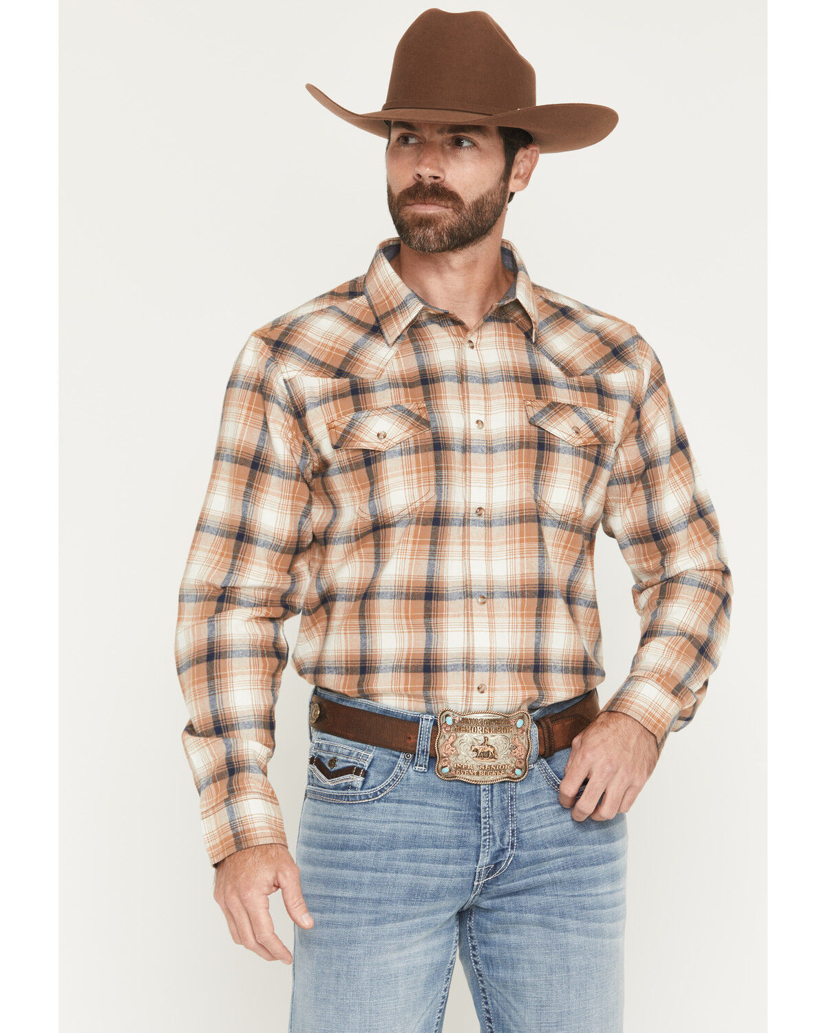 Image #1 - Cody James Men's Bravo Plaid Print Long Sleeve Snap Flannel Shirt, Tan, hi-res