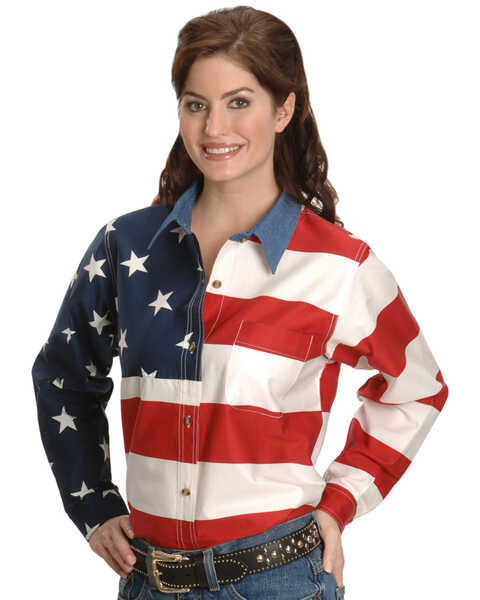 Roper Women's Long Sleeve American Flag Shirt - Plus, White, hi-res