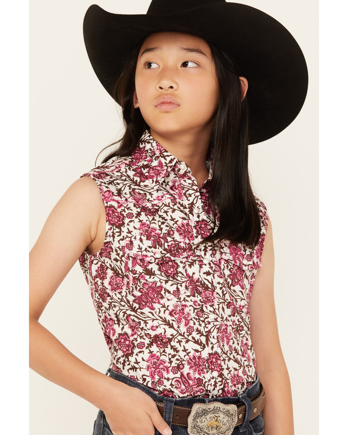 Image #2 - Cowgirl Hardware Girls' Floral Print Sleeveless Snap Western Shirt, Burgundy, hi-res