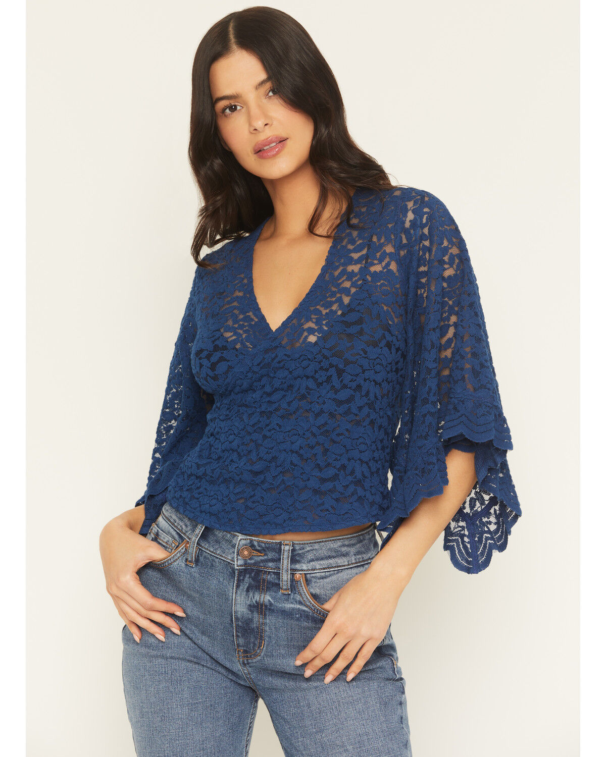 Shyanne Women's Wrap Front Long Sleeve Lace Top, Navy, hi-res