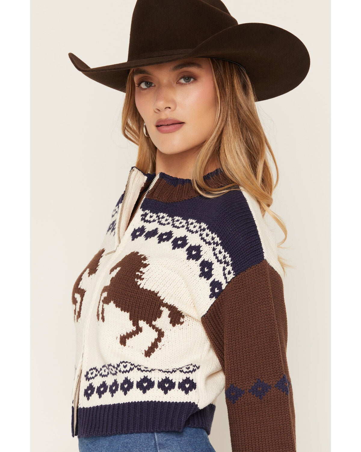 Image #2 - Sadie & Sage Women's Horse Zip-Up Sweater, Brown, hi-res
