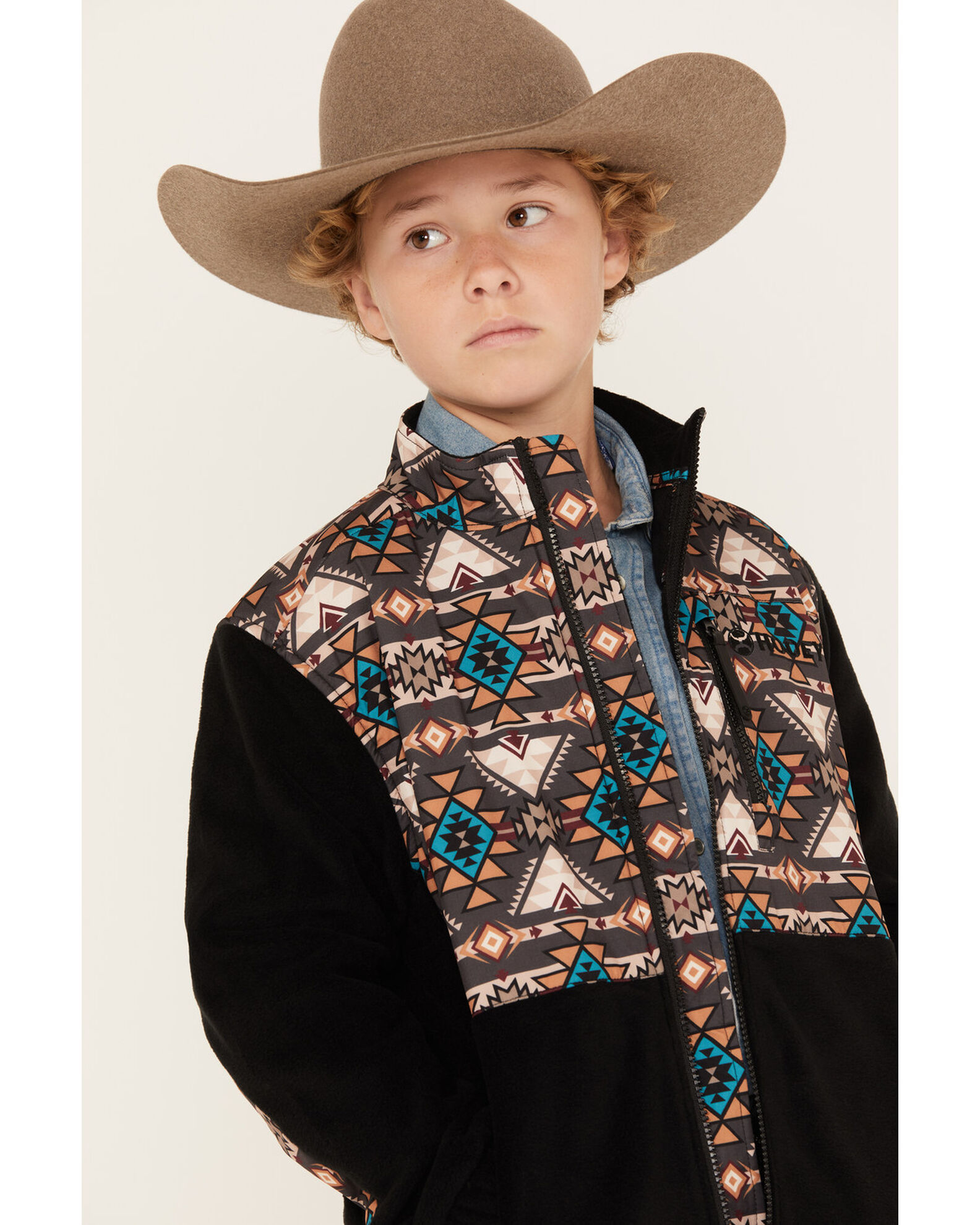 Hooey Boys' Southwestern Print Color Block Zip Softshell Jacket
