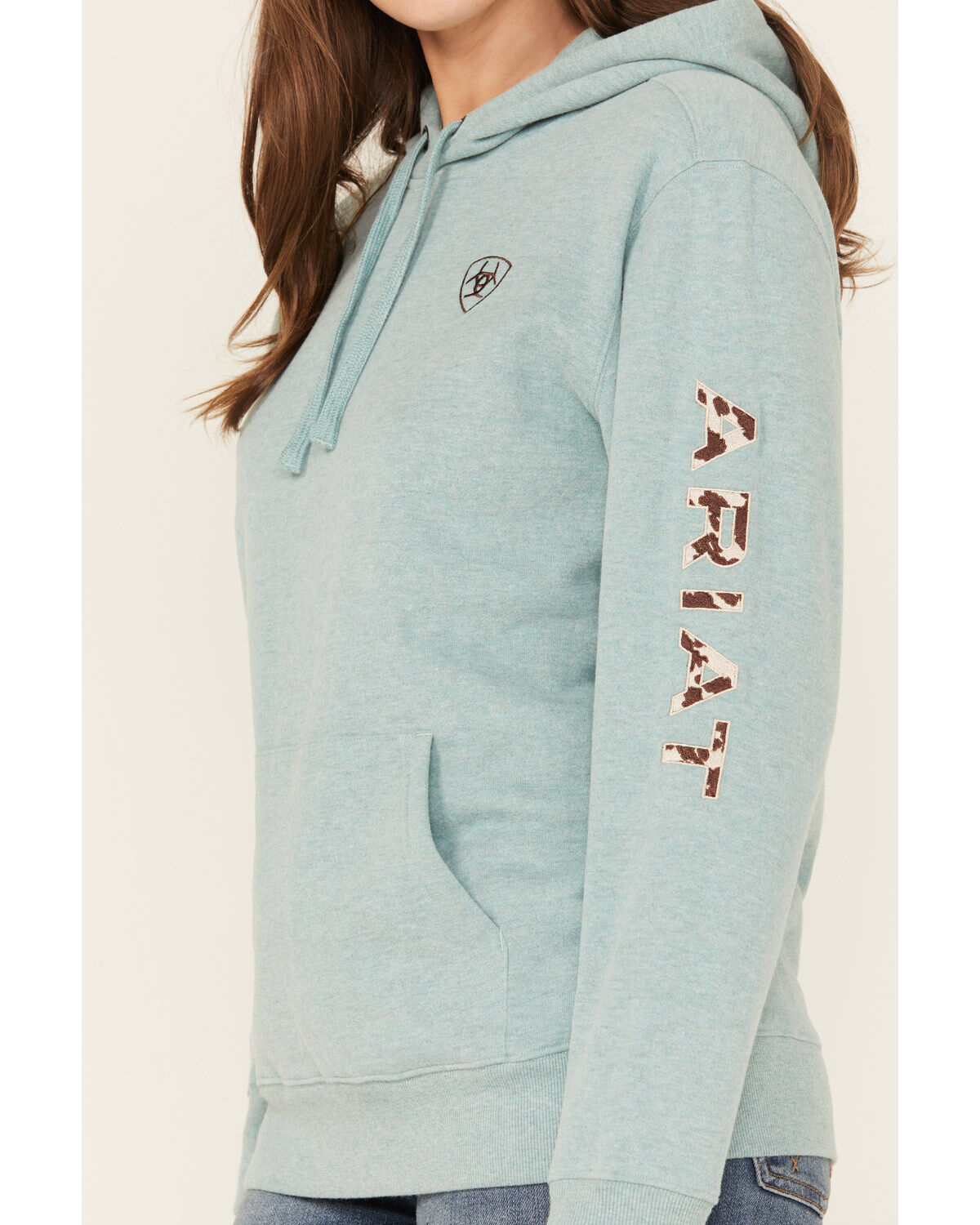 Image #3 - Ariat Women's Boot Barn Exclusive Cow Print Embroidered Logo Hoodie, Blue, hi-res