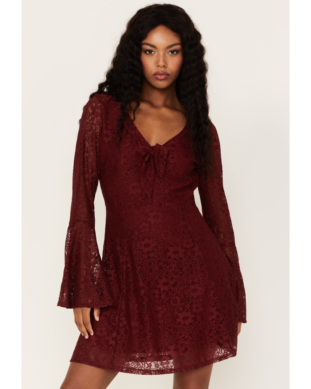 Beyond The Radar Women's Lace Tie Front Mini Dress, Wine, hi-res