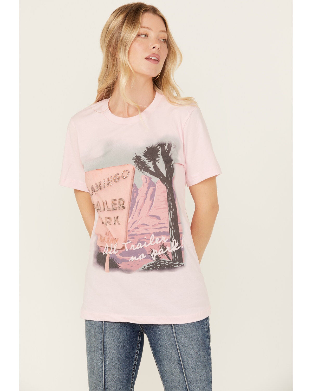 Gina Tees Women's Flamingo Trailer Short Sleeve Graphic Tee, Pink, hi-res