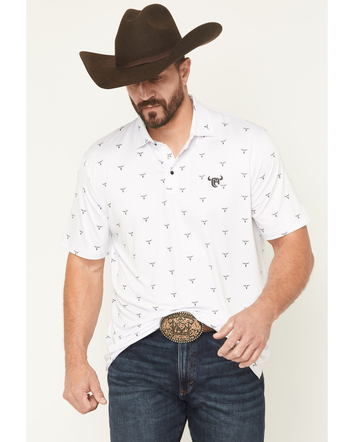 Image #1 - Cowboy Hardware Men's Steerhead Print Short Sleeve Snap Polo, White, hi-res