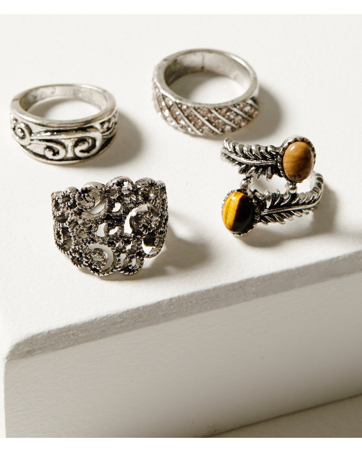 Shyanne Women's Champagne Chateau Jasper Filigree 4-Piece Ring Set, Silver, hi-res