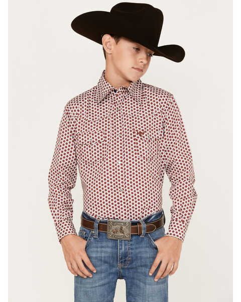 Cowboy Hardware Boys' Six Star Print Long Sleeve Pearl Snap Western Shirt, Burgundy, hi-res