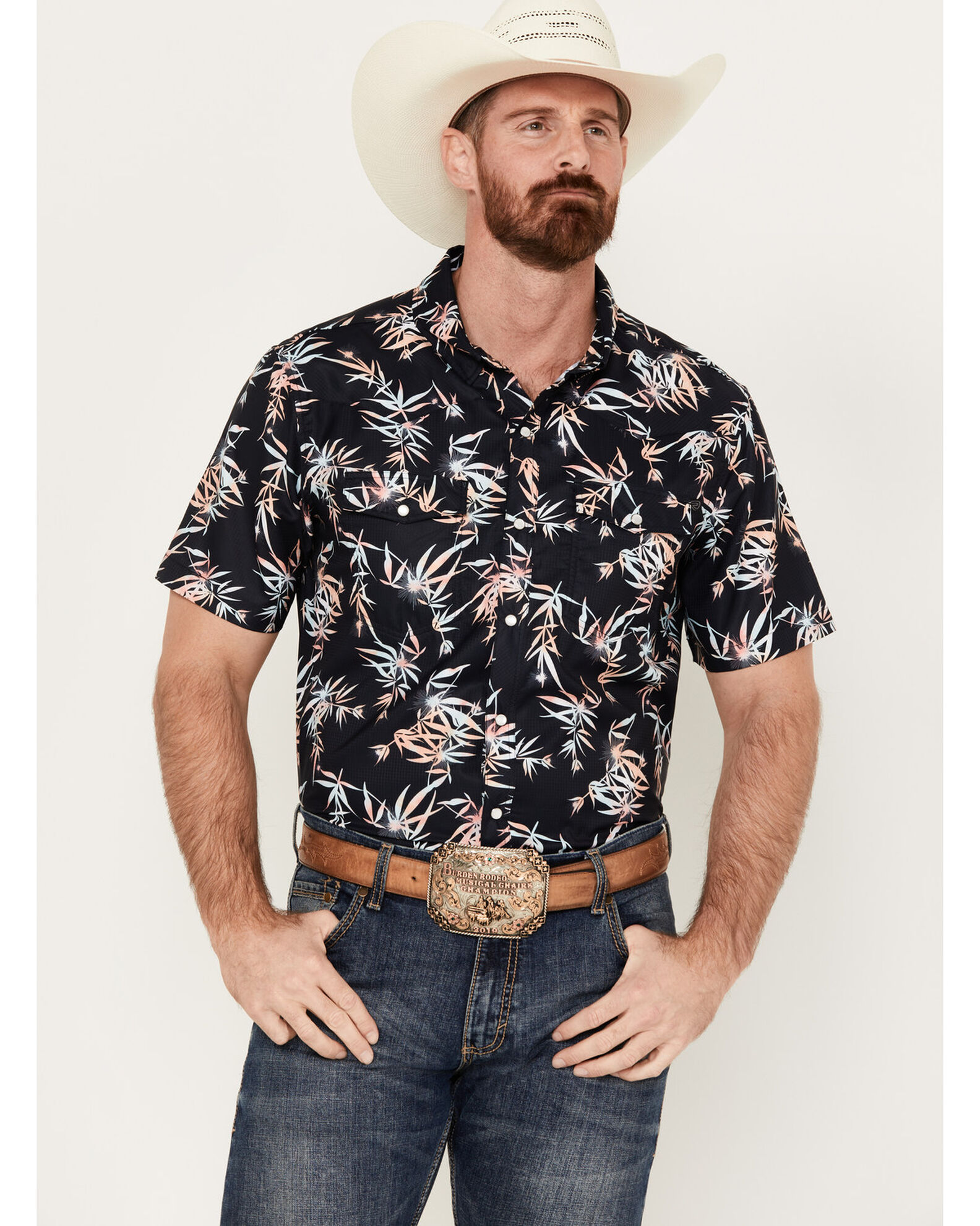 Rock Roll Denim Men s Tek Leaf Print Short Sleeve Western Snap