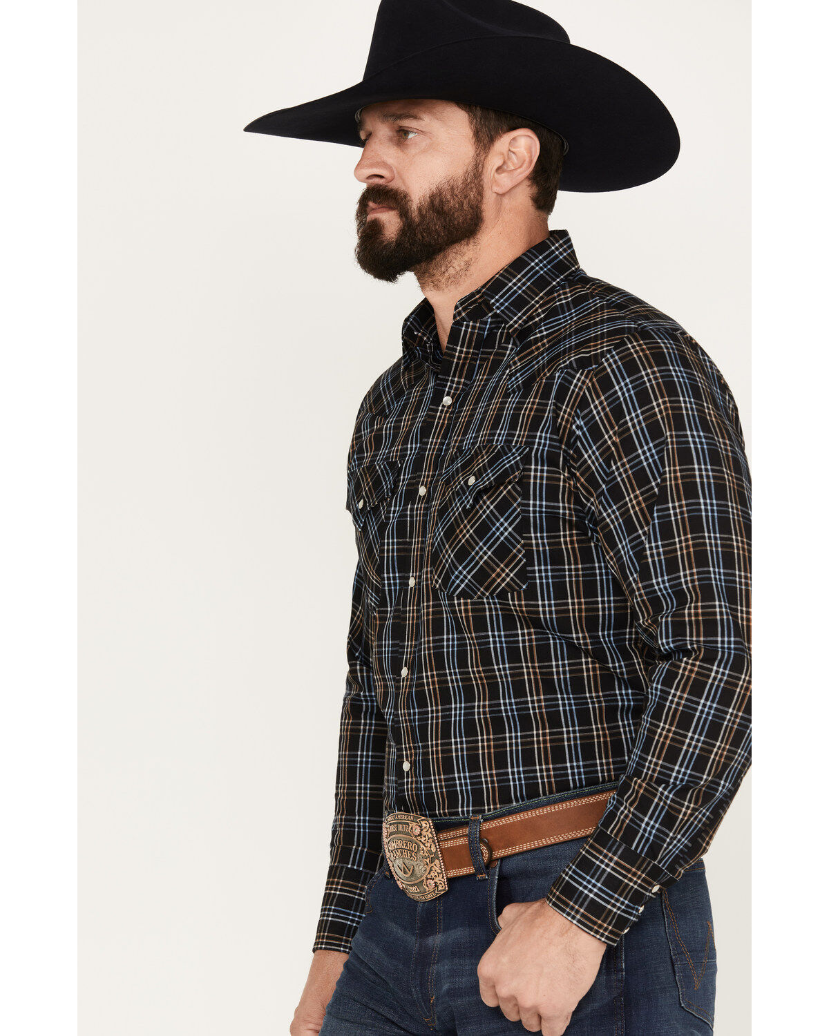 Image #2 - Ely Walker Men's Plaid Print Long Sleeve Pearl Snap Western Shirt, Black, hi-res