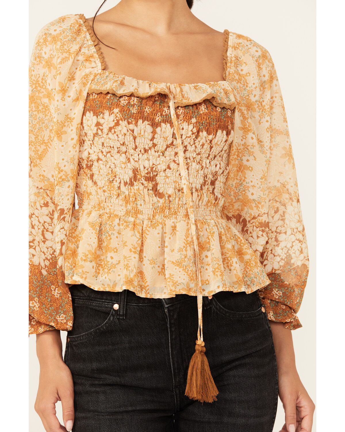 Image #3 - Miss Me Women's Floral Print Long Sleeve Peasant Top, Rust Copper, hi-res