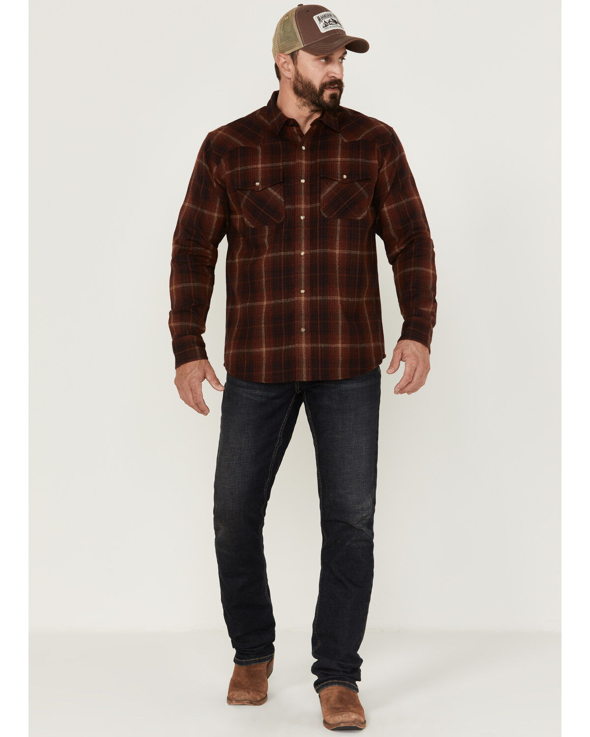 Image #3 - Ariat Men's Hiller Retro Plaid Snap Western Flannel Shirt, Maroon, hi-res