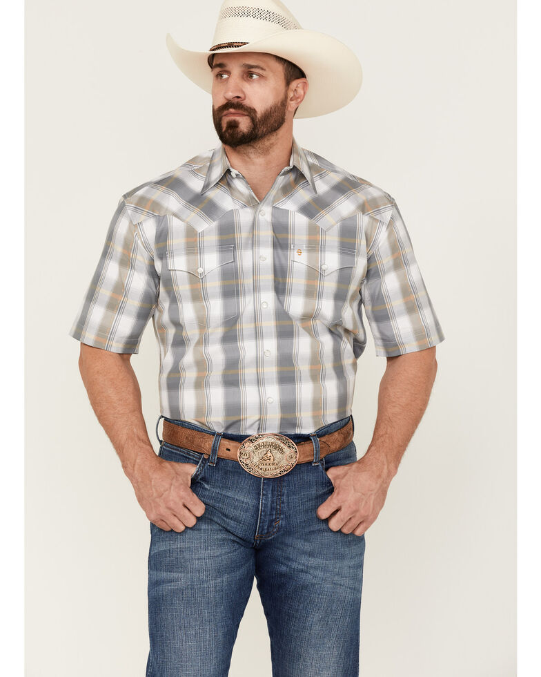 Stetson Men's Gold Dust Dobby Plaid Short Sleeve Snap Western Shirt , Grey, hi-res