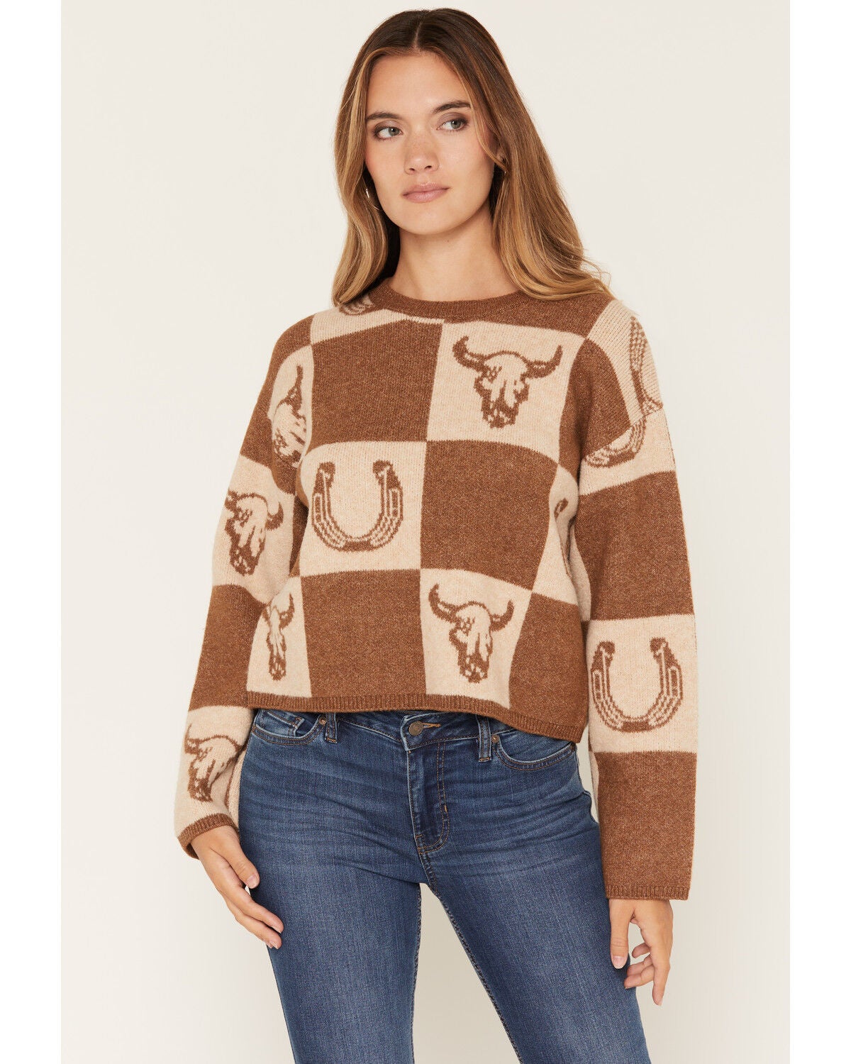 Z Supply Women's Horseshoe Checkered Sweater, Brown, hi-res