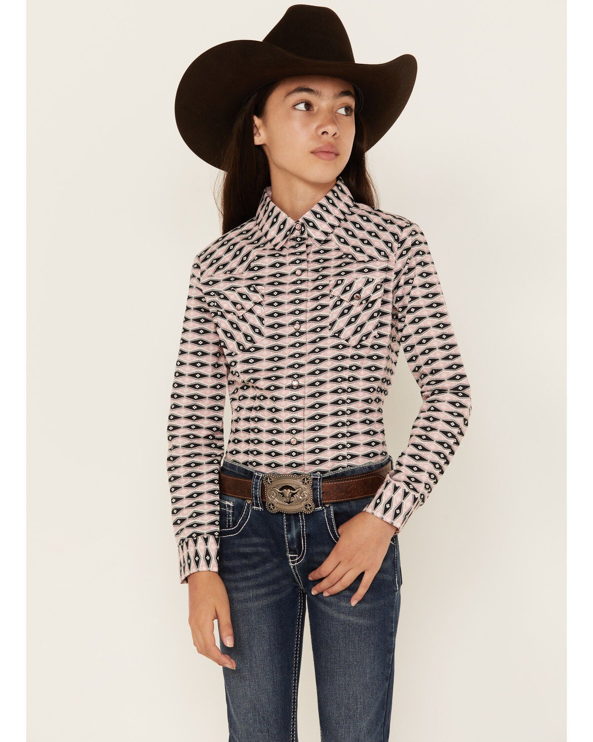 Cruel Girl Girls' Geo Print Long Sleeve Western Snap Shirt, Pink, hi-res