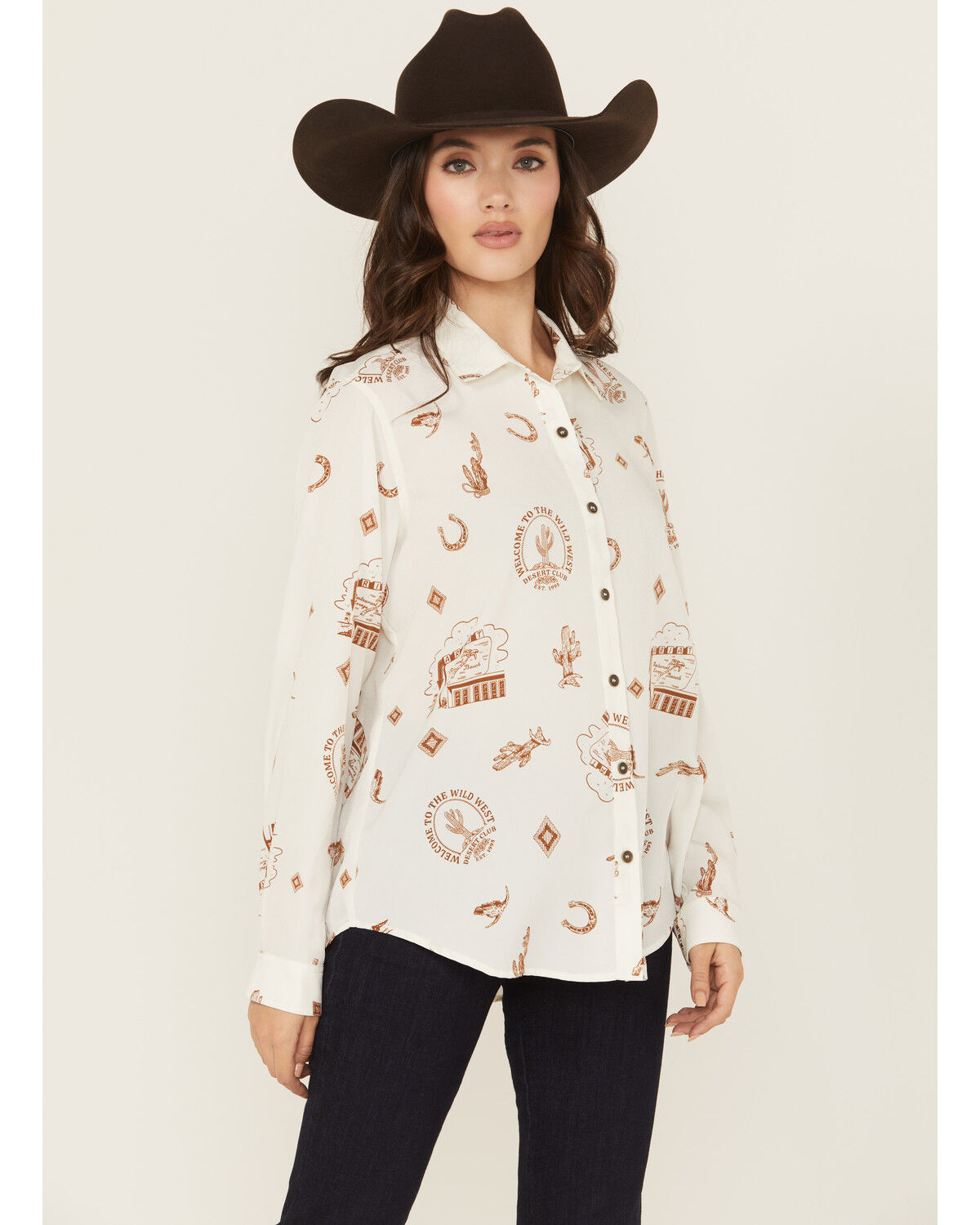 Ariat Women's Homestyle Conversation Print Long Sleeve Button-Down Shirt, Cream, hi-res