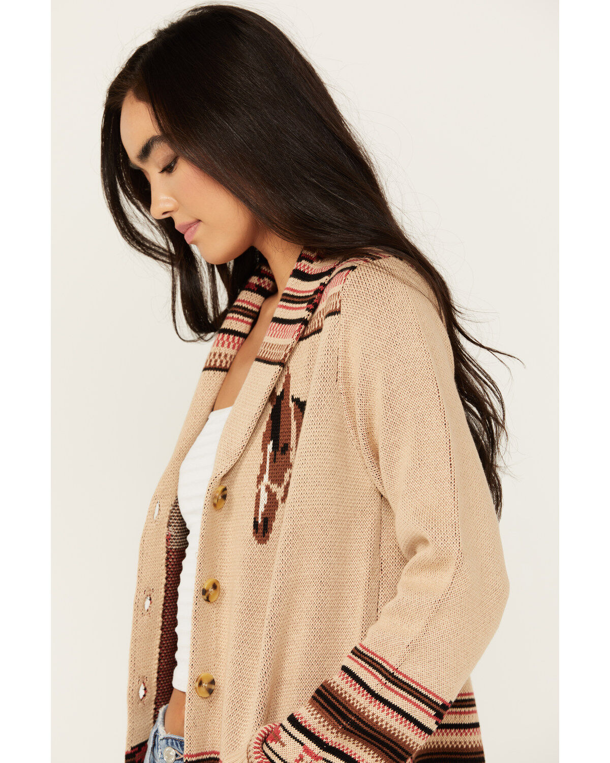 Image #2 - Cotton & Rye Women's Horse Motif Print Cardigan, Tan, hi-res