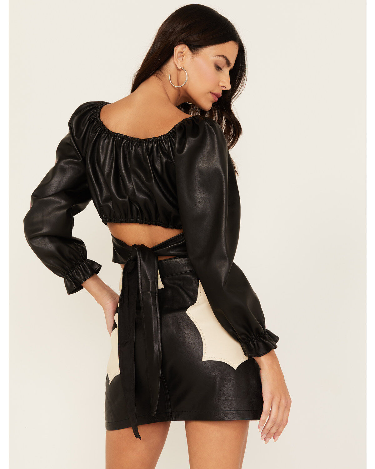 Image #4 - Beyond The Radar Women's Faux Leather Tie Back Crop Top, Black, hi-res