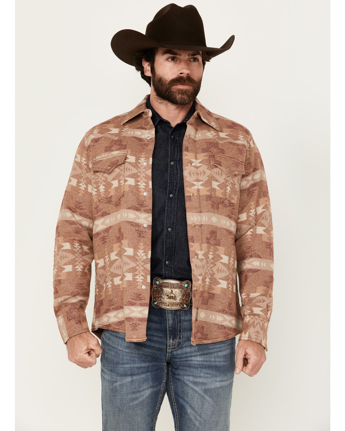 Wrangler Retro Men's Southwestern Print Long Sleeve Snap Western Shirt Jacket, Lt Brown, hi-res
