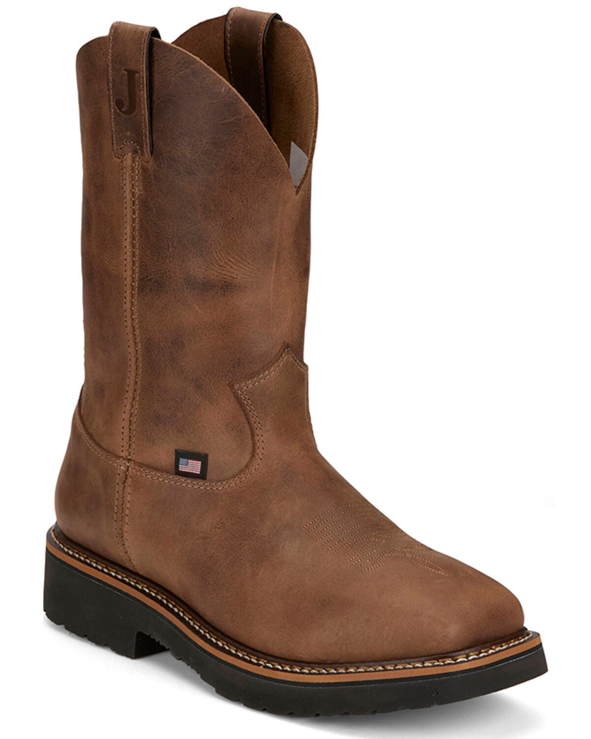 Justin Men's Ames 11" Pull-On Work Boots - Soft Toe, Medium Brown, hi-res