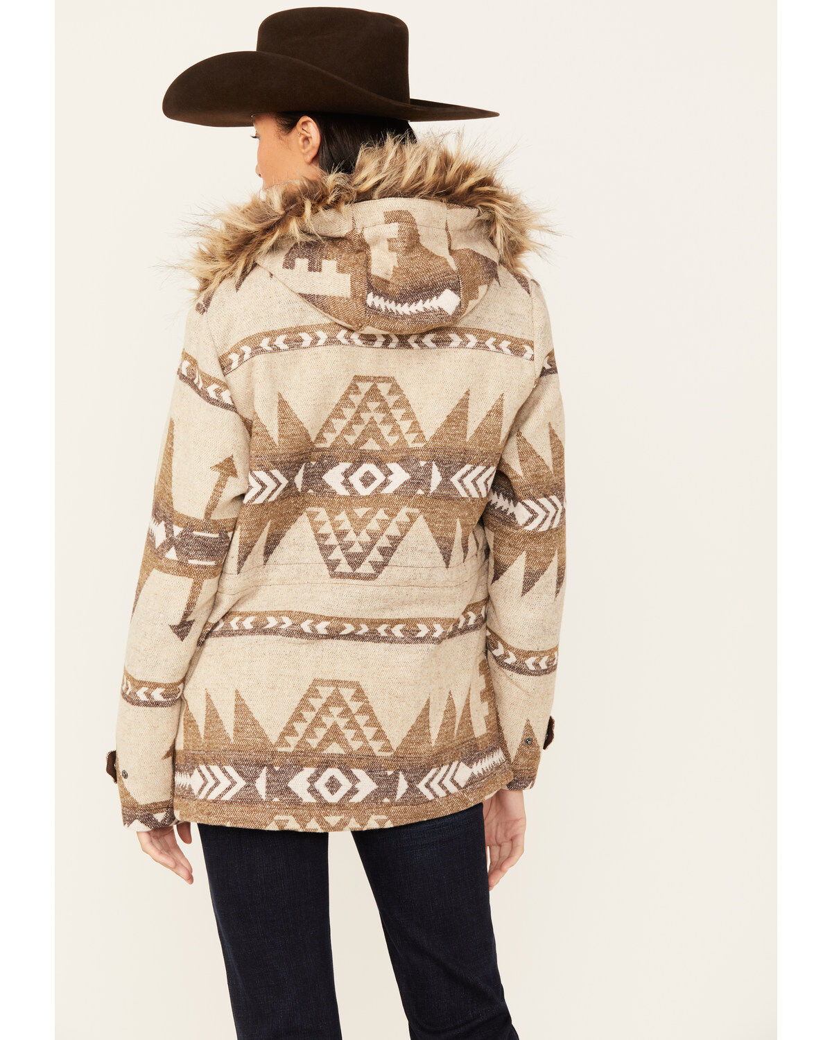 Image #4 - Outback Trading Co Women's Boot Barn Exclusive Southwestern Print Fur Trim Myra Jacket, Brown, hi-res