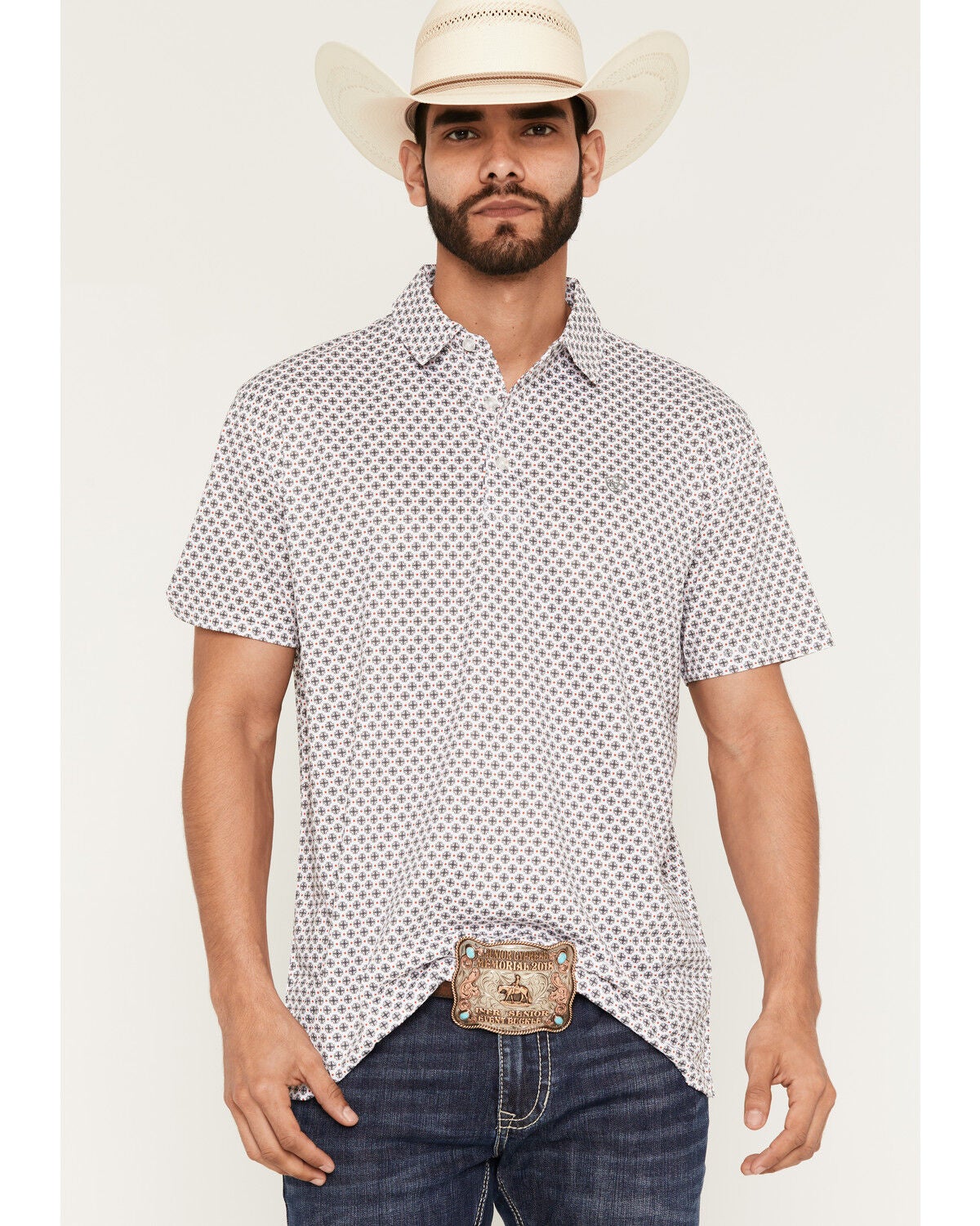 Image #1 - Ariat Men's All Over Medallion Print Classic Fit Short Sleeve Button-Down Polo Shirt, , hi-res