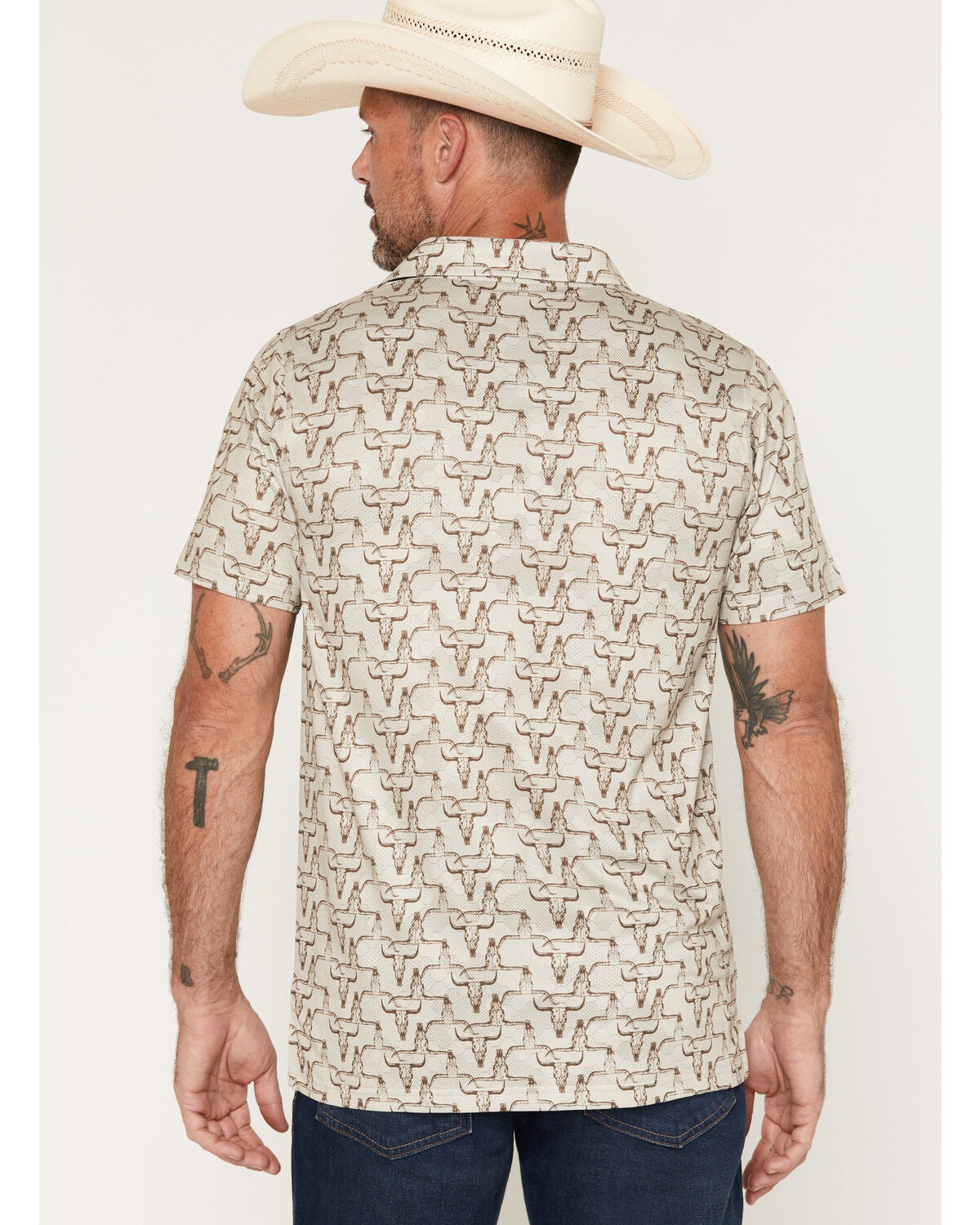 Image #4 - Cowboy Hardware Men's Hombre Skull Print Short Sleeve Snap Stretch Polo Shirt, Tan, hi-res