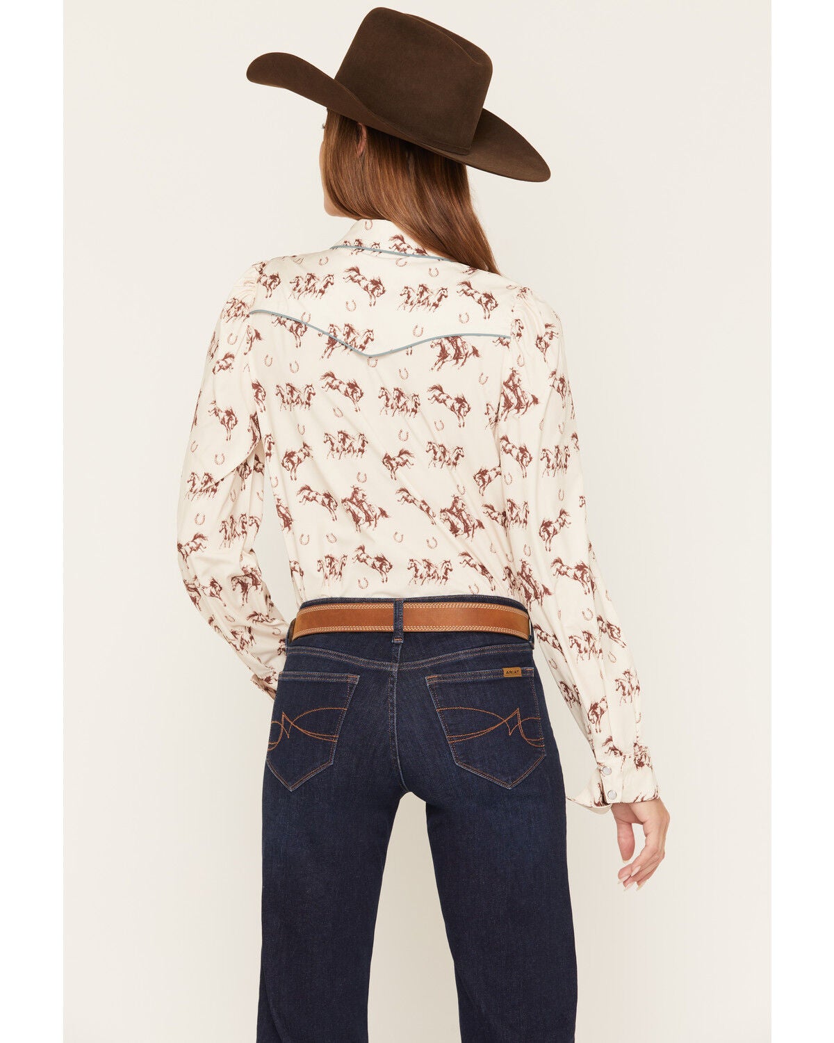 Image #4 - Howdy Hanny Women's Wild Mustang Long Sleeve Pearl Snap Performance Stretch Western Shirt, Ivory, hi-res