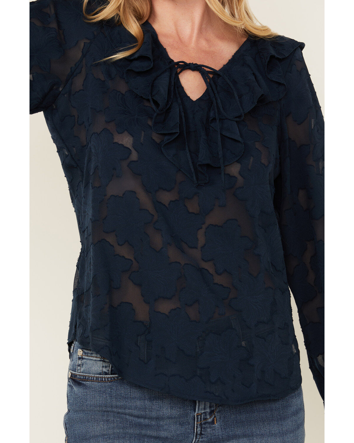 Image #3 - Shyanne Women's Floral Long Sleeve Ruffle Peasant Top, Navy, hi-res