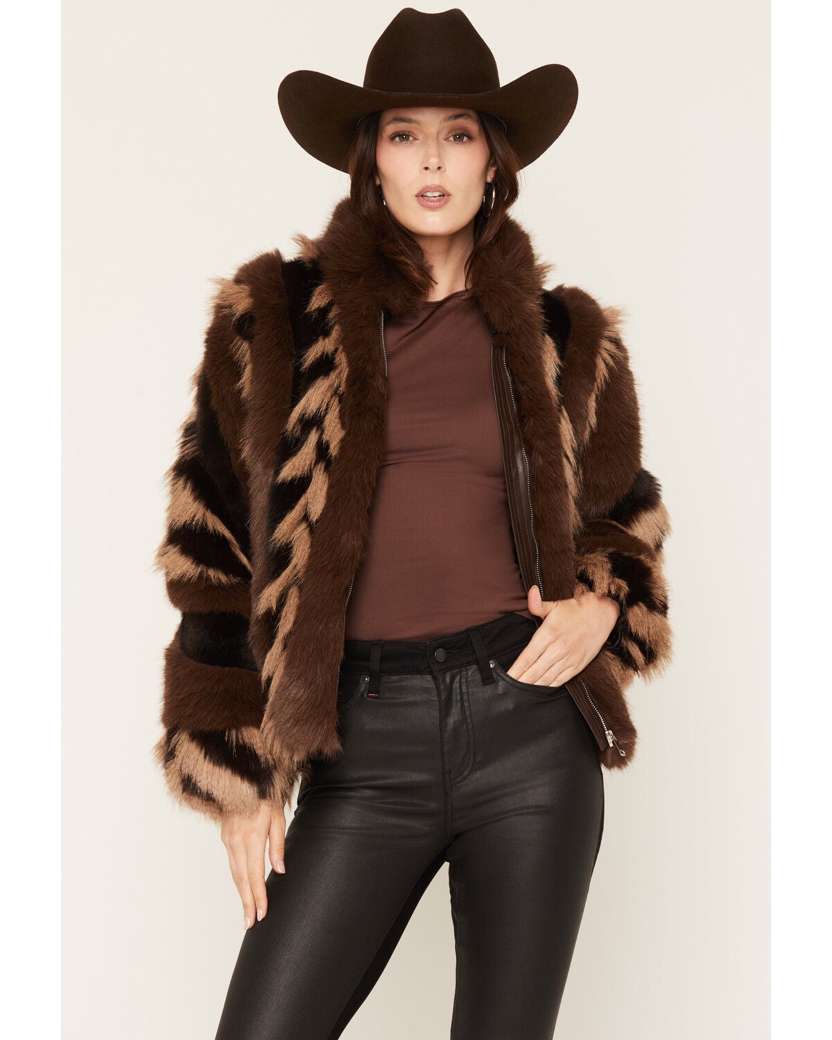 Image #1 - Azalea Wang Women's Striped Faux Fur Jacket, Chocolate, hi-res