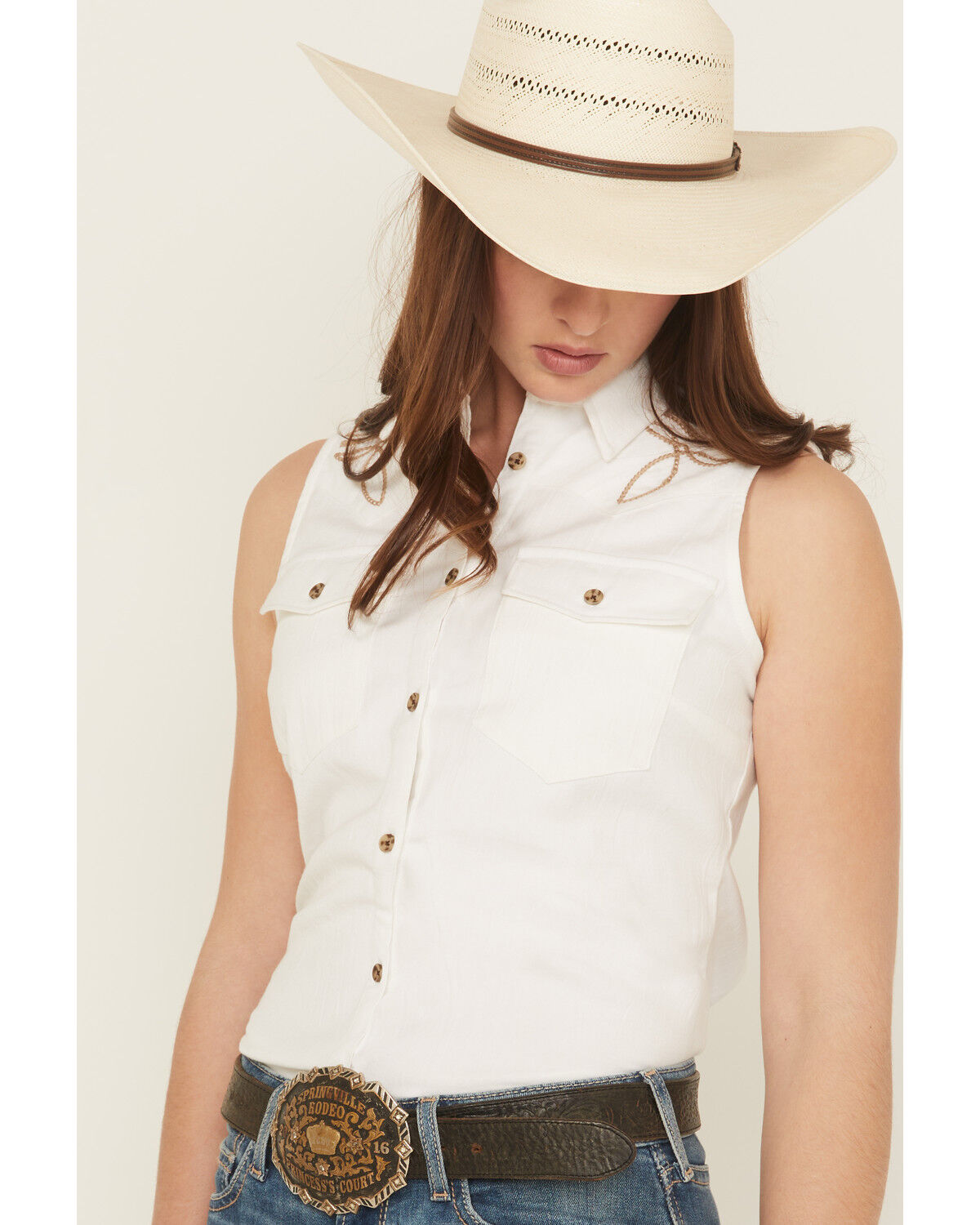 Image #2 - Shyanne Women's Embroidered Sleeveless Button-Down Western Shirt, White, hi-res