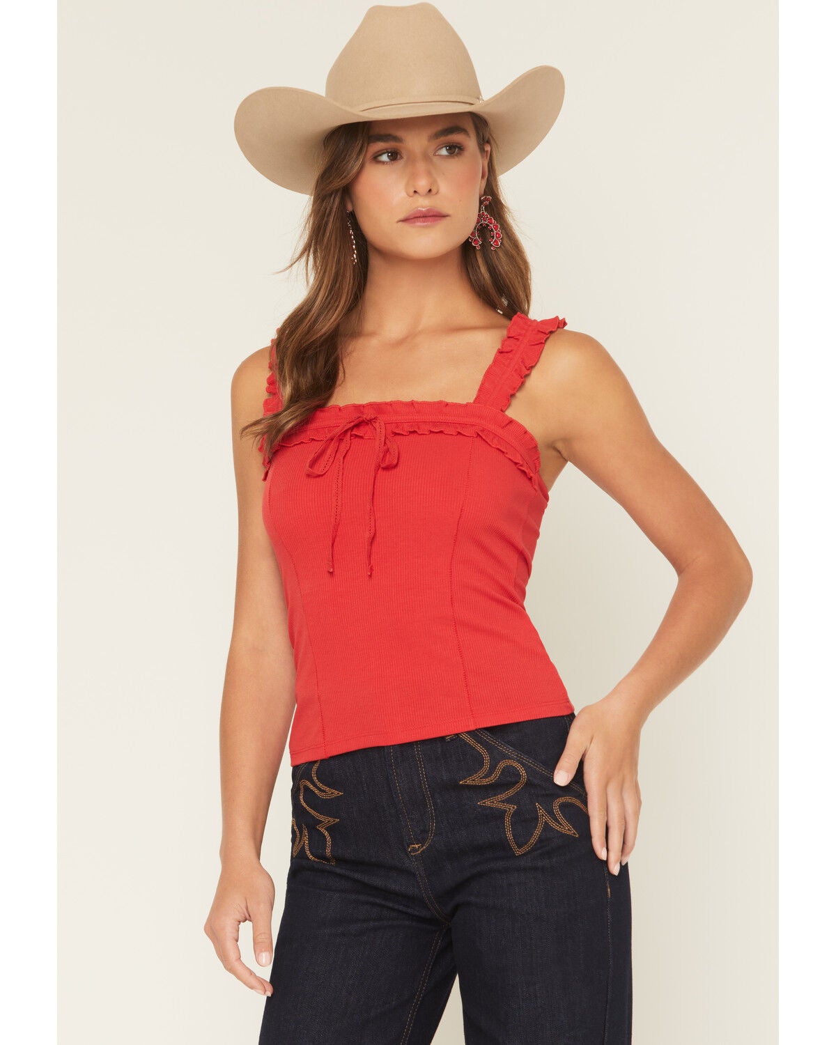 Miss Me Women's Solid Ruffle Tank Top, Red, hi-res