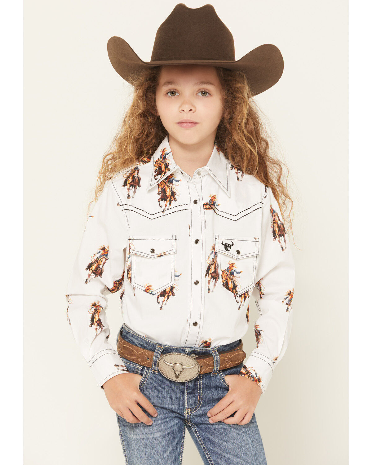 Image #1 - Cowgirl Hardware Girls' Vintage Cowgirl Long Sleeve Snap Stretch Western Shirt, White, hi-res