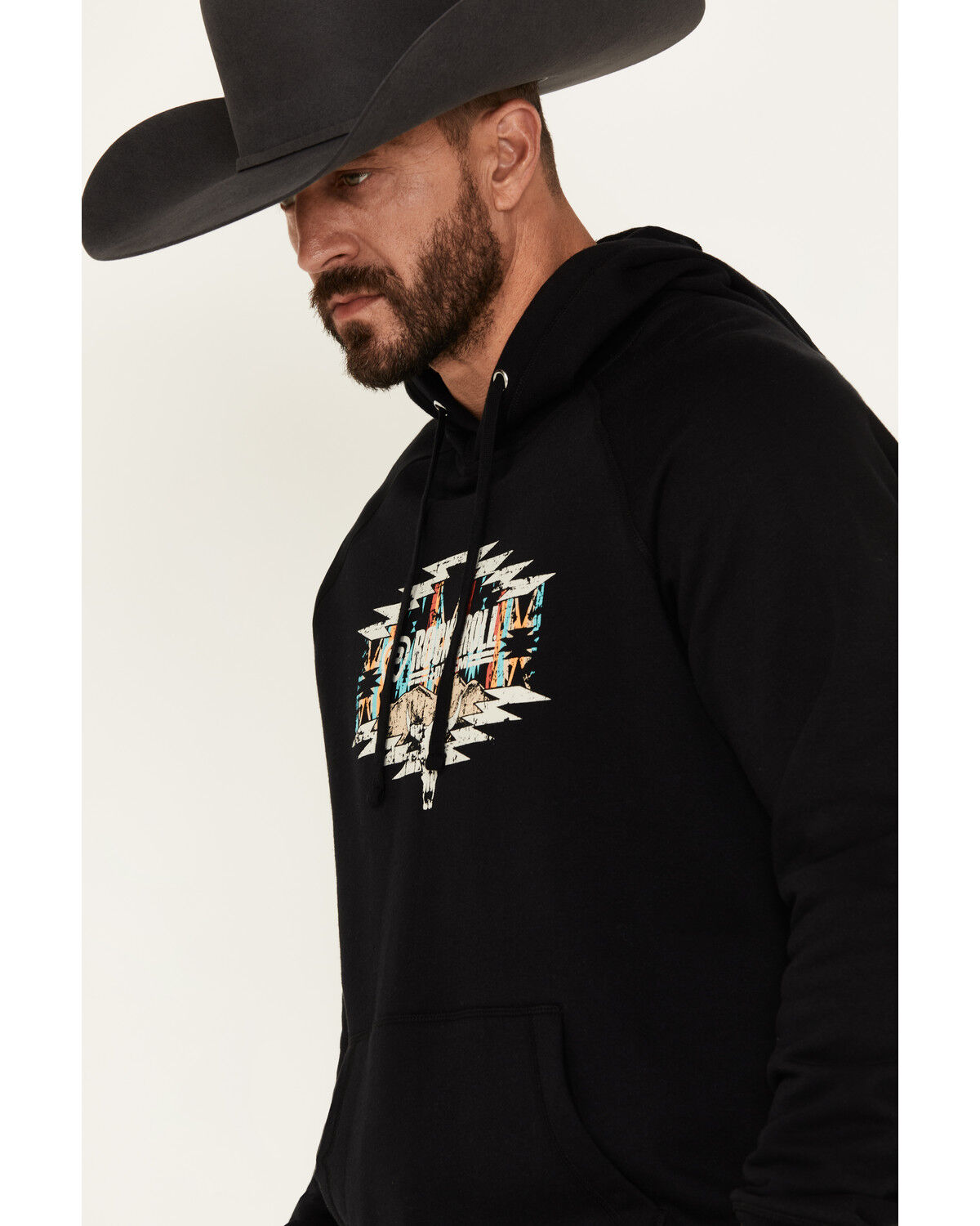 Image #2 - Rock & Roll Denim Men's Southwestern Skull Graphic Hooded Sweatshirt, Black, hi-res