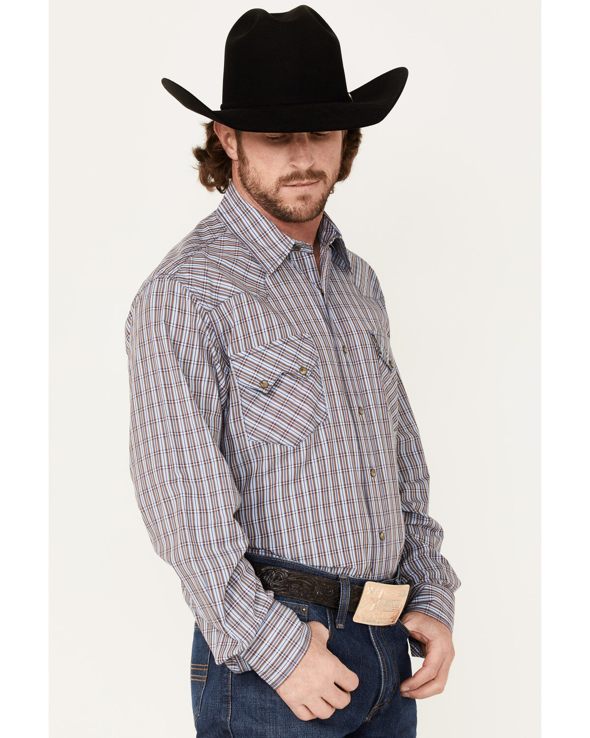 Image #2 - Cinch Men's Modern Fit Small Plaid Snap Western Shirt, Blue, hi-res