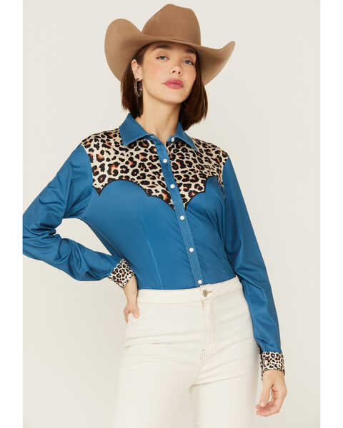Ranch Dress'n Women's Leopard Yoke Teal Performance Rodeo Shirt, Teal, hi-res