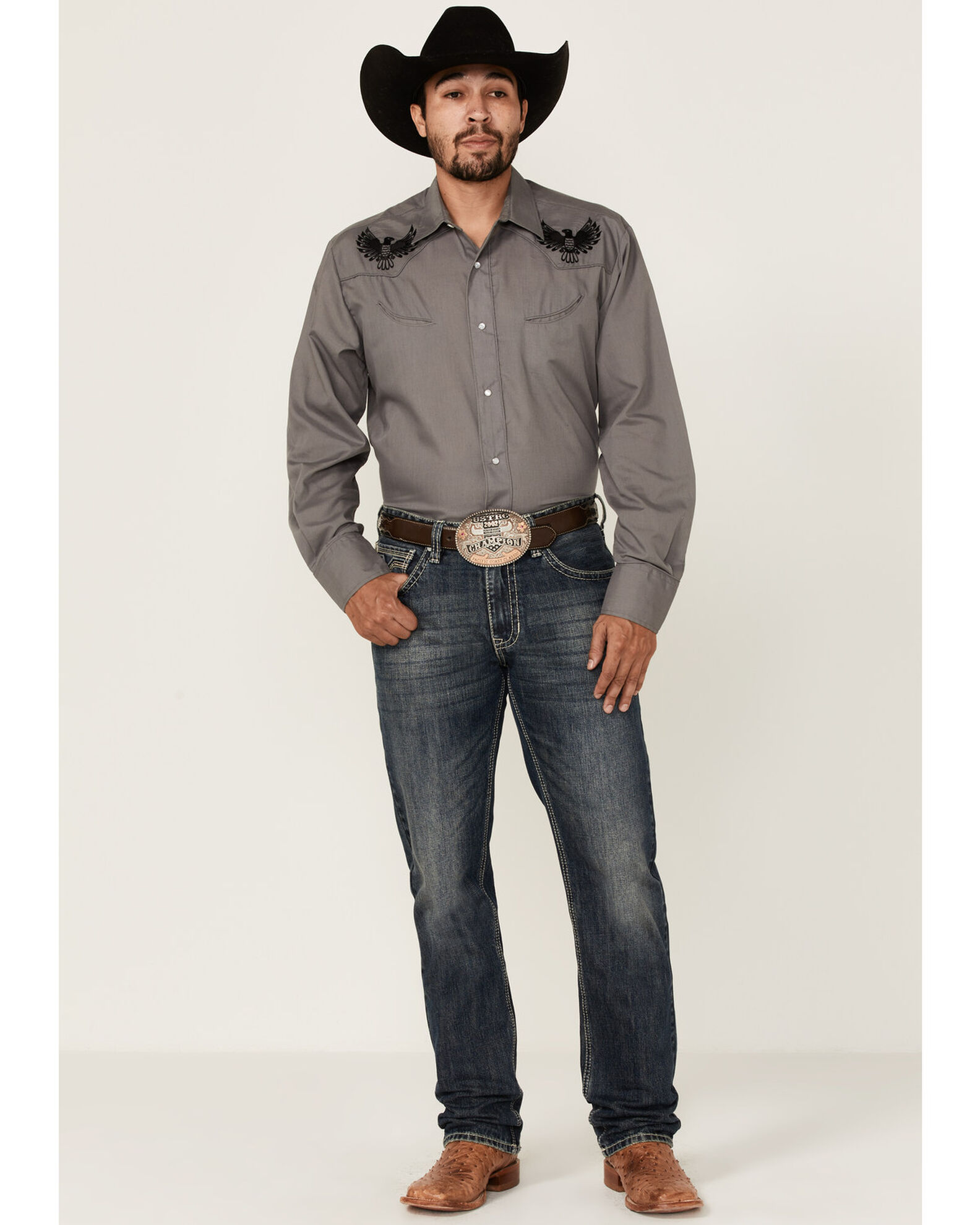 Roper Men s Solid Eagle Embroidered Long Sleeve Pearl Snap Western Shirt