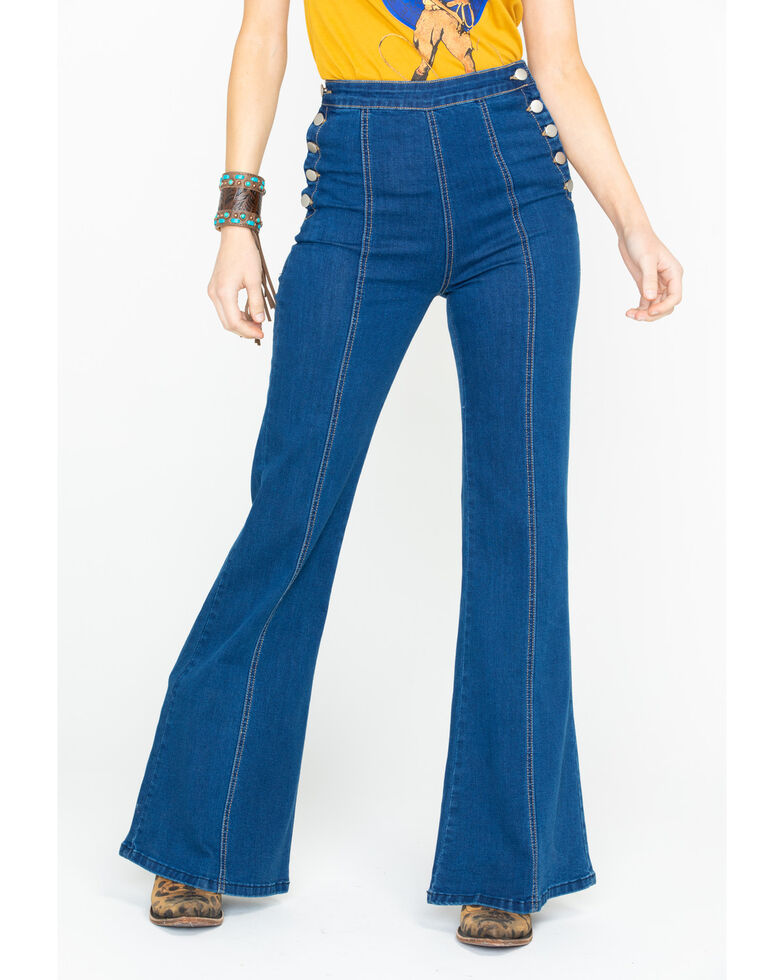 Flying Tomato Women's Button Side Dark Denim Flare Trouser Jeans Boot