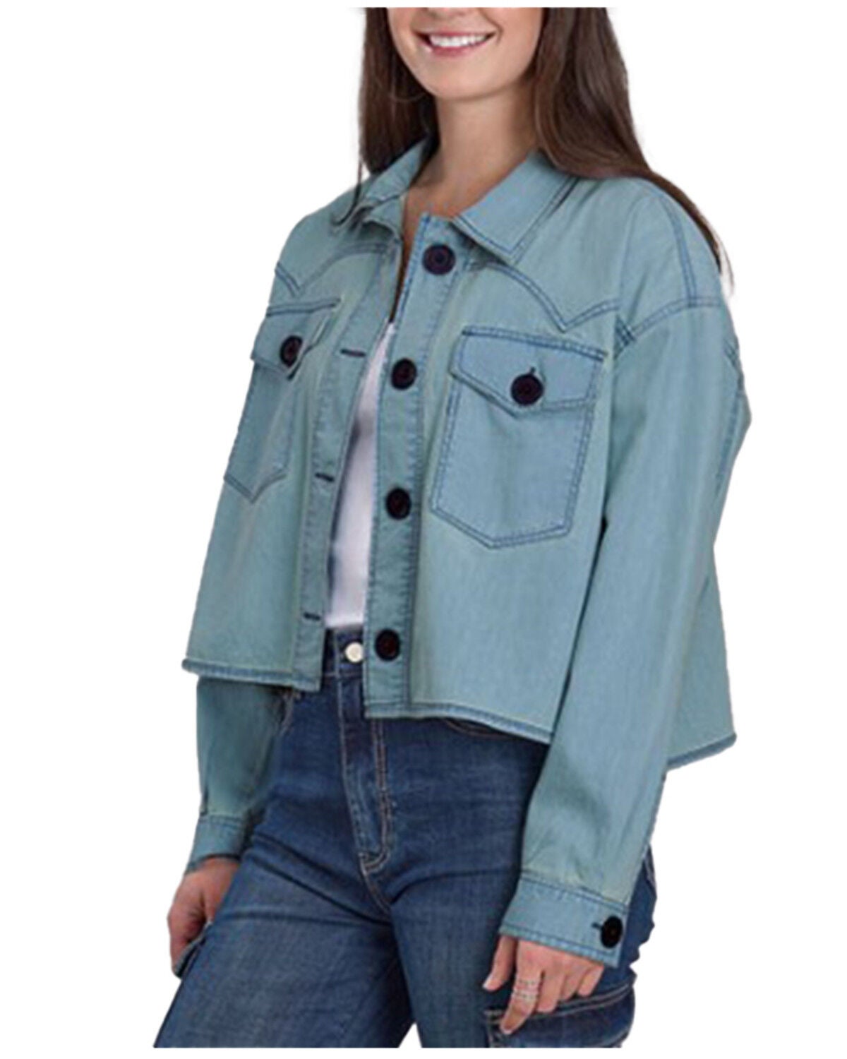 Roper Women's Button-Down Cropped Denim Jacket, Light Blue, hi-res