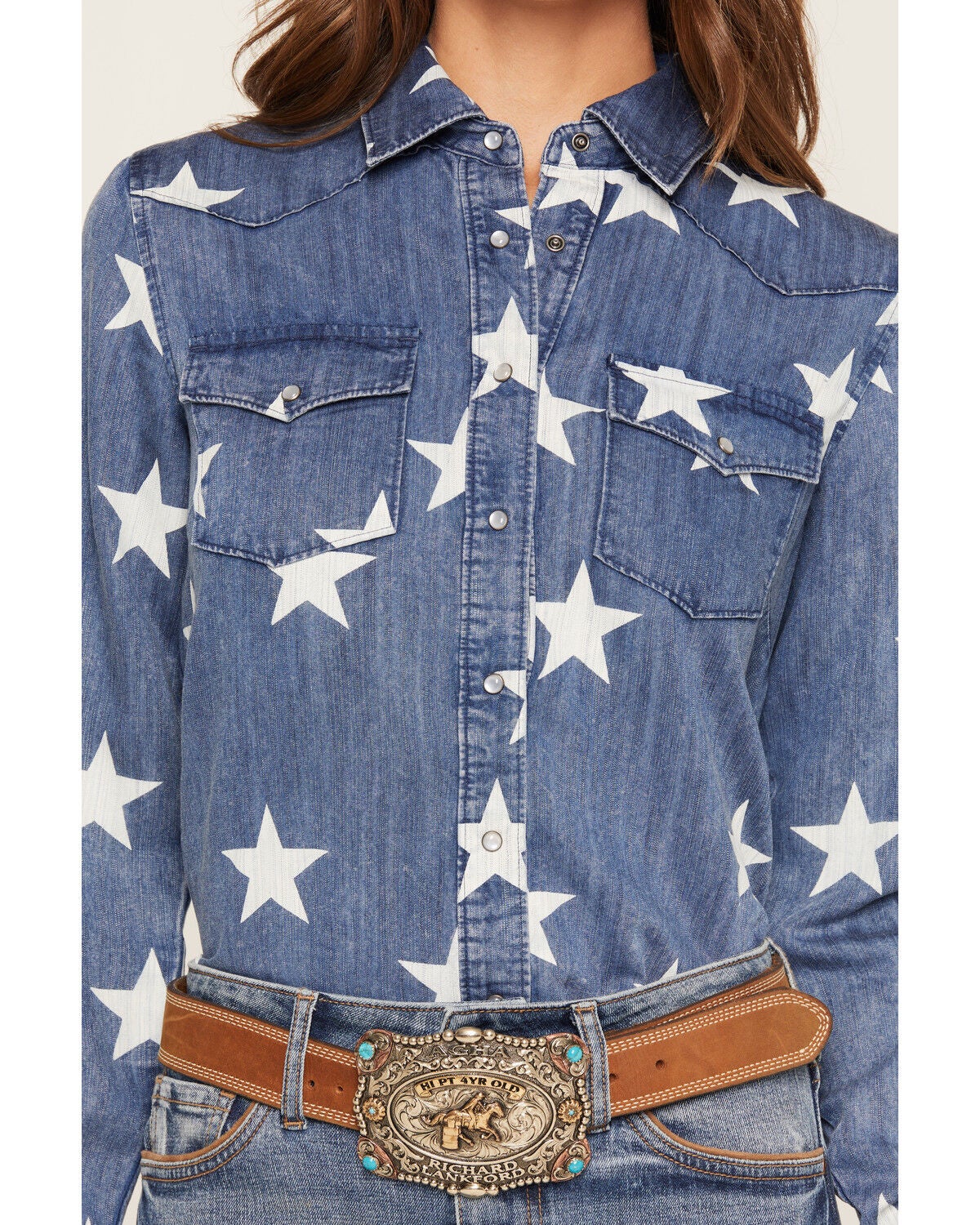 Image #3 - Shyanne Women's The Stars Long Sleeve Snap Denim Shirt, Light Wash, hi-res